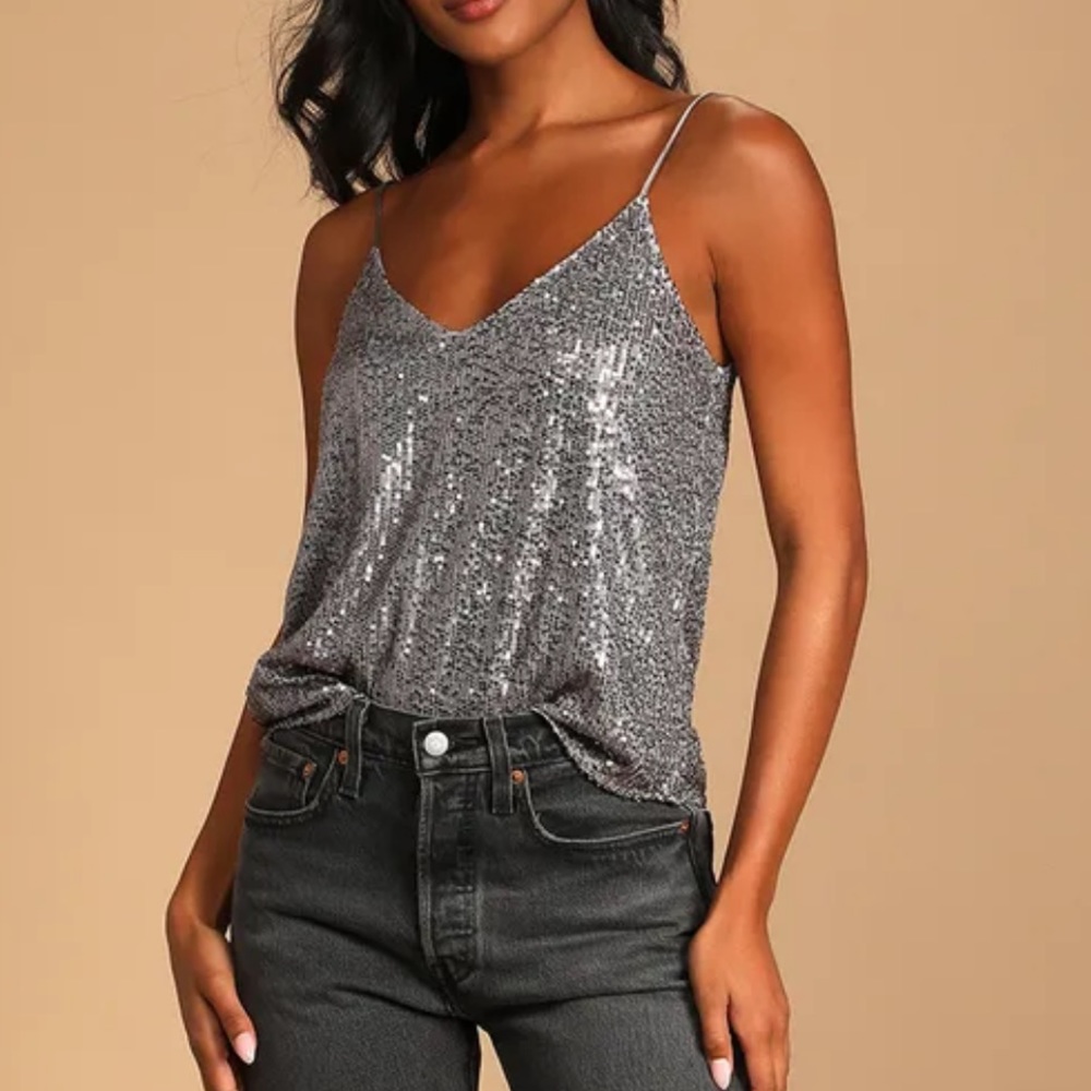Lulus Sparkling Glimpse Grey Sequin Cami Top Size Large NWT